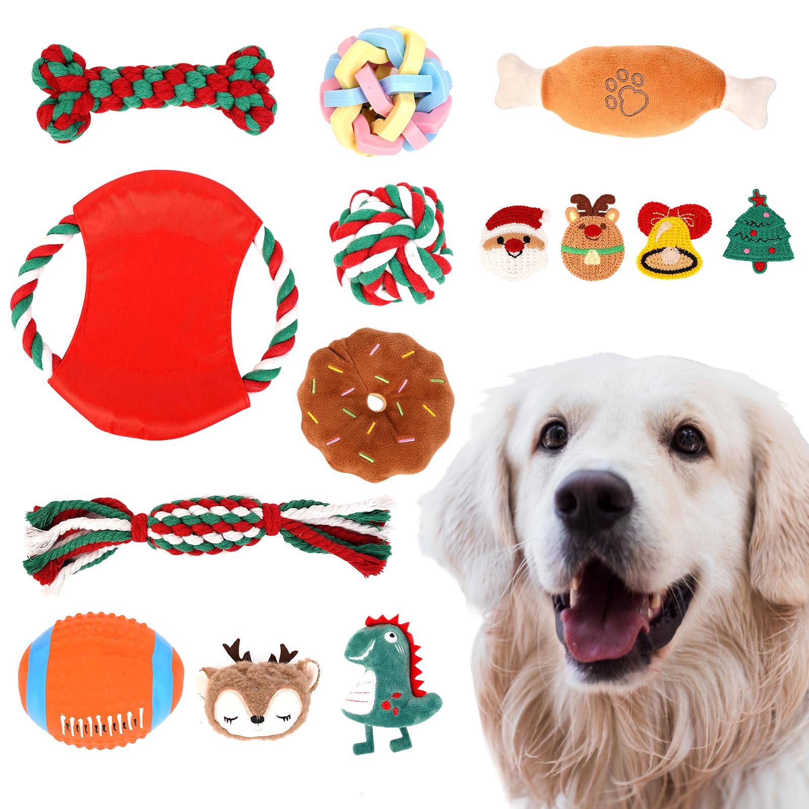 Dog Toys Christmas Dog Gifts Set - Interactive Dog Toys Dog Stocking Stuffers Various Squeaky Balls Rubber Plush Rope Chew Toys for Small to Medium Dogs