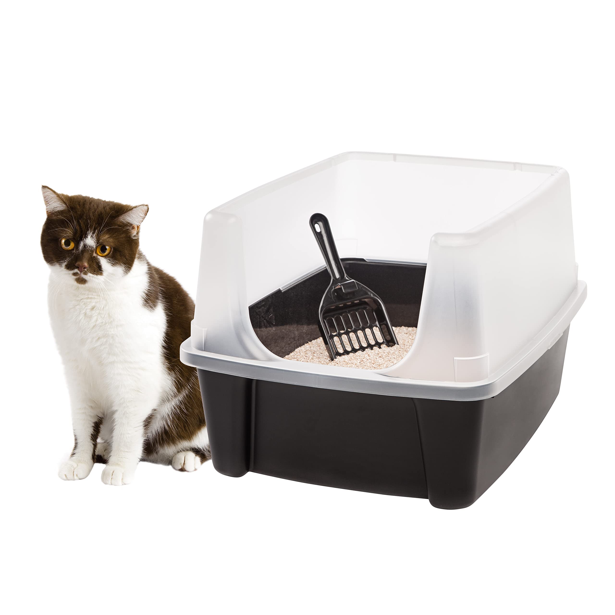 IRIS USA Large Cat Litter Box with Scoop Open Top Cat Litter Pan Black